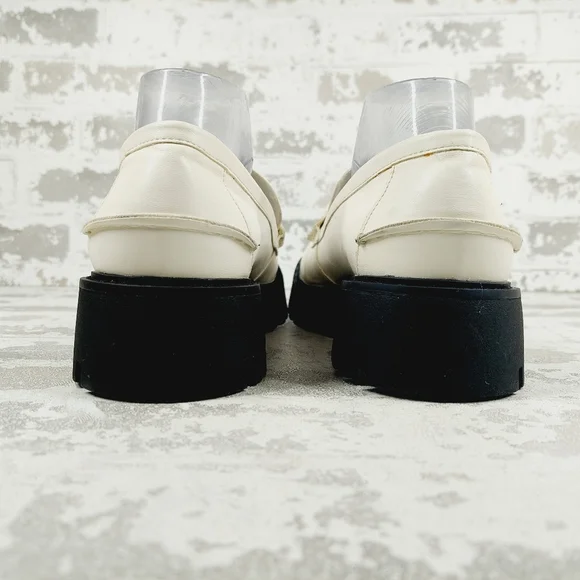 NEW Nordstrom Open Edit White Faux Patent Gold Chunky Academia Loafers C433 - Picture 6 of 14